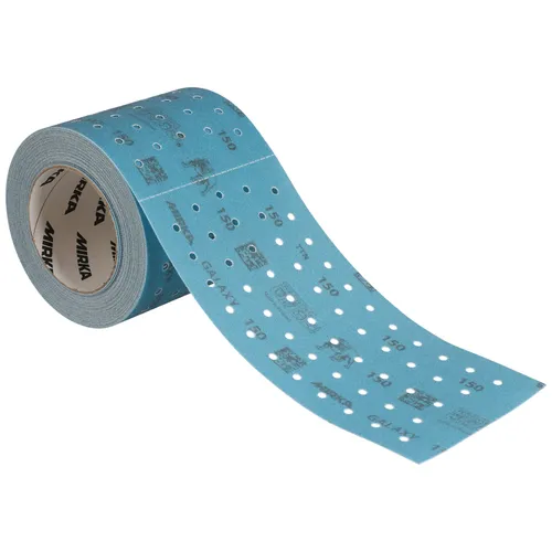 The Mirka Galaxy 115mm x 230mm Multifit Grip Perforated Roll is a blue abrasive sanding paper roll with evenly spaced holes, partially unrolled to display its segmented and perforated design. It features a Multifit Grip and is ideal for sanding surfaces in various applications.