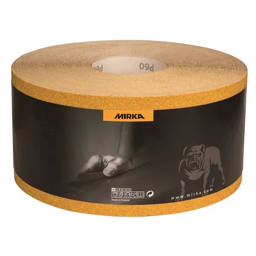 A Mirka Gold 115mm x 50m Sandpaper Roll, featuring tan abrasive edges and a black label with a hand, company logo, bulldog graphic, and safety icons.