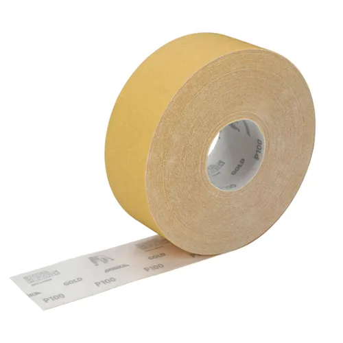A Mirka Gold 75mm x 50m Grip Sandpaper Roll with a tan outer layer and visible grit on the inner side, partially unrolled on a white background.