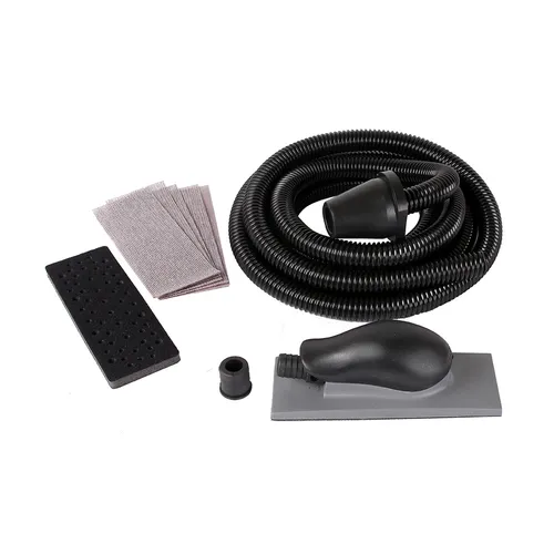 A sanding block kit featuring a black hose, sanding block, connector, and several rectangular sheets of sandpaper neatly arranged on a white background.