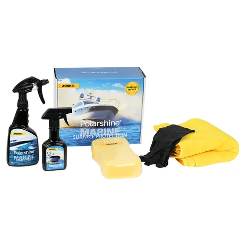 A marine surface protection kit with spray bottles, a sponge, gloves, a yellow cloth, and a box showing a boat on water.