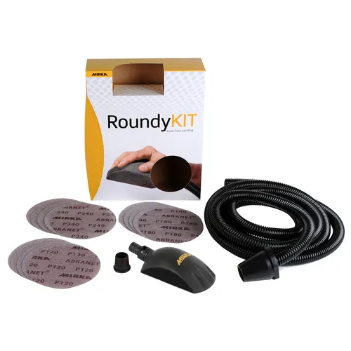Mirka RoundyKit set featuring sanding discs, a black hand sanding tool, a flexible hose, and an adaptor, arranged in front of a yellow and white product box.