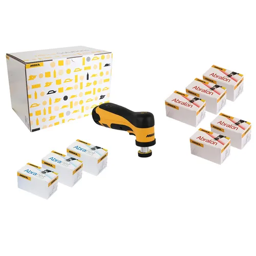 A yellow and black handheld power tool is displayed next to a white box with yellow symbols and several small boxes.