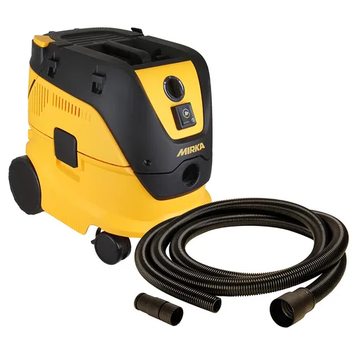 A yellow and black Mirka vacuum cleaner featuring a control panel, large wheels, a flexible black hose, and two nozzle attachments positioned in front.