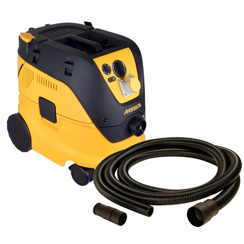 A yellow and black Mirka vacuum cleaner featuring control dials, wheels, and a coiled black hose with connectors positioned in front of the unit.