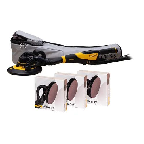 A yellow and black electric sander with a grey storage bag is displayed, with three boxes of Abranet sanding discs set in front.