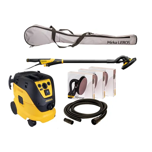 A Mirka LEROS sanding kit featuring a yellow and black sander, a long sanding pole, hose, carrying bag, and several boxes of sanding discs.