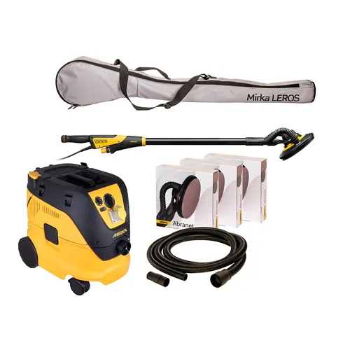 A yellow and black Mirka sander set with vacuum, sanding discs, hose, long-handled sander, and a grey carrying bag.
