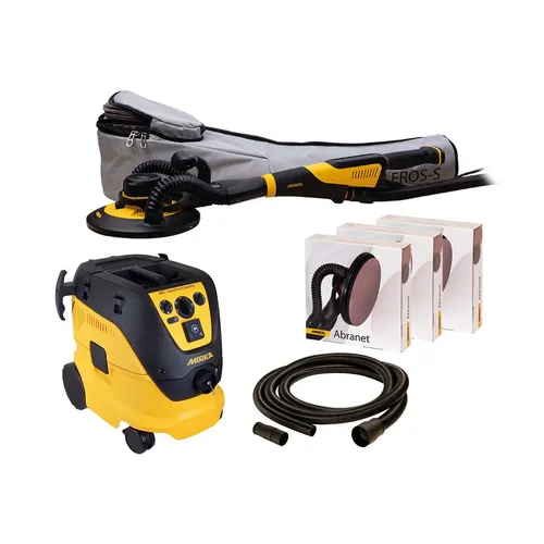 A yellow and black vacuum cleaner, a long-handled sanding tool with hose, three boxes of sanding discs, and a separate black hose arranged together on a white background.