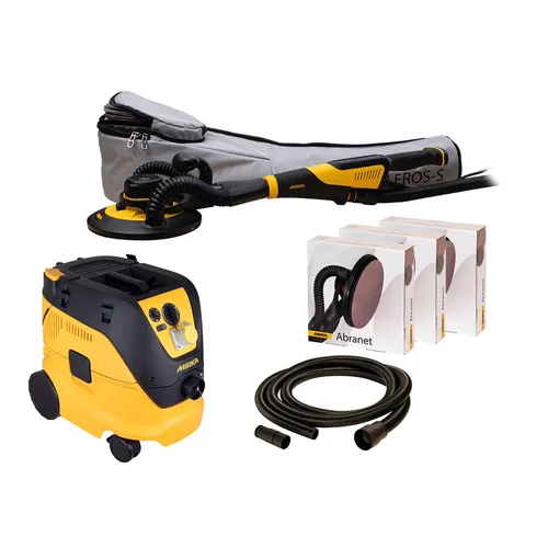 A yellow and black plasterboard sander kit with a vacuum, sanding discs in boxes, a long-handled sander with attached bag, and a black hose, all displayed on a white background.