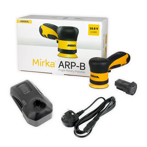 A Mirka ARP-B angle rotary polisher kit featuring the tool, charger, battery, power lead, and product box displayed on a white background.