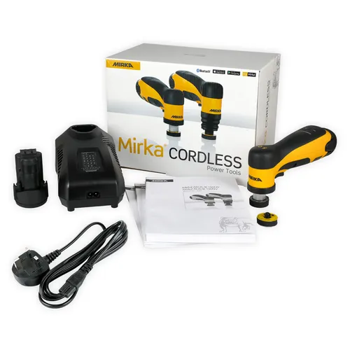 Mirka cordless power tool kit with tool, battery, charger, power cable, instruction manual, small attachments, and product box arranged on a white surface.