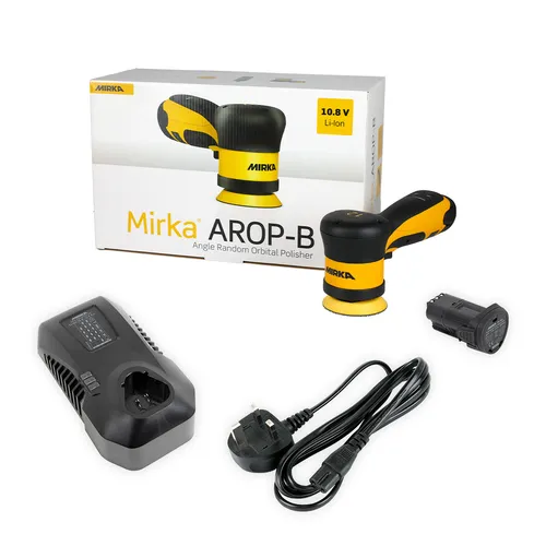 A Mirka AROP-B cordless polisher kit with the tool, charger, battery, power lead, and product box displayed on a white background.