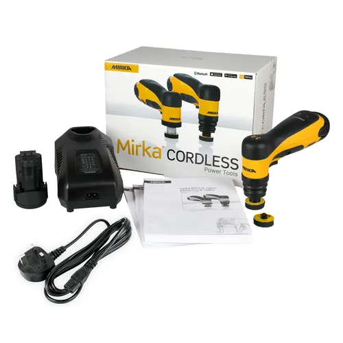 Mirka AOS-B 130 32mm max 12V 2x2.5Ah Orbit 3.0 with cordless power tool set, including the sander with a 32mm pad, yellow and black accessory, two batteries, charger, plug, manuals, and product box—all neatly arranged on a white surface.