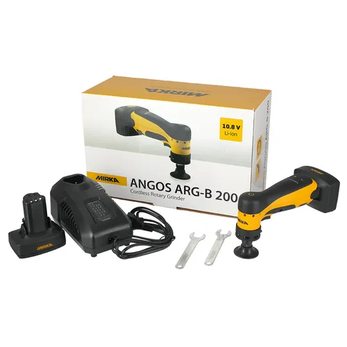 A cordless rotary grinder set, featuring the Mirka ANGOS ARG-B 200 tool, battery, charger, two spanners, and product box arranged on a white background.