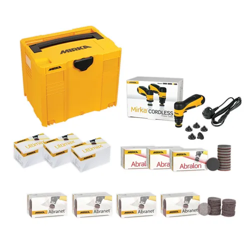 A yellow Mirka toolbox with a cordless sander kit, power cable, sanding discs, and multiple boxes labelled Abranet, Abralon, Ultimax, and Ultrafine, all arranged neatly on a white background.