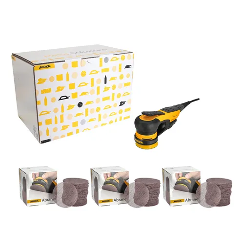 A Mirka electric sander with a yellow and black design is displayed next to a branded box and three packs of sanding discs, with the discs from each pack arranged in front.
