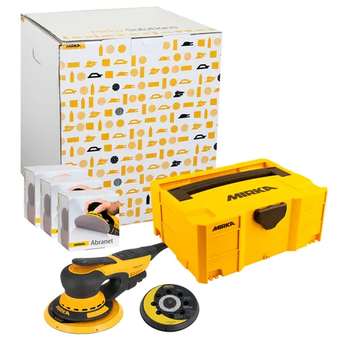 A yellow Mirka sander, two sanding pads, boxes of Abranet sanding discs, and a yellow Mirka storage case are arranged in front of a white box with tool icons.