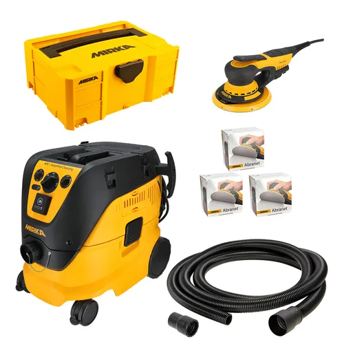 A yellow and black Mirka vacuum system is displayed with a hose, sander, yellow storage box, and two boxes of Abranet sanding discs on a white background.