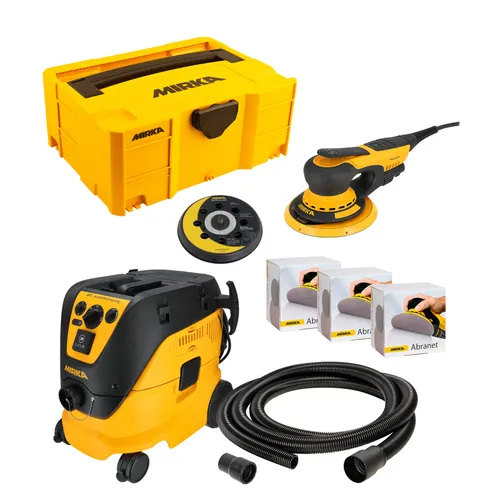 Mirka sanding kit featuring a yellow storage case, power sander, vacuum unit, hose, various sanding discs, and three boxes of Abranet sanding nets.