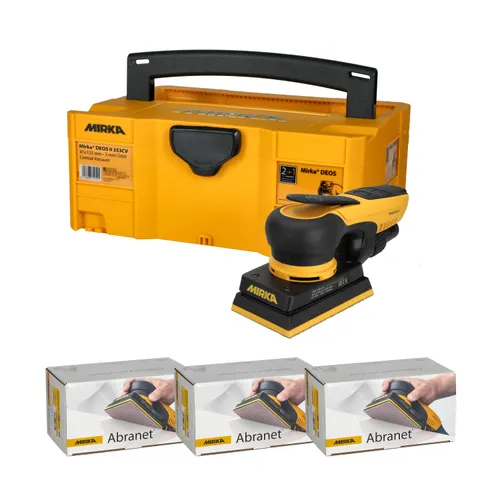 A yellow Mirka DEOS electric sander with a matching carrying case is displayed, accompanied by three boxes of Mirka Abranet sanding sheets arranged in front.