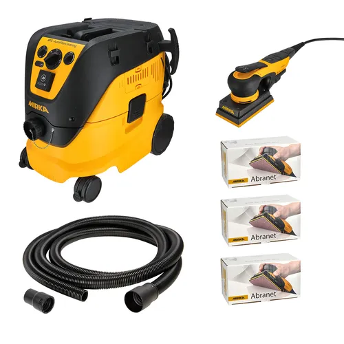 Yellow and black vacuum dust extractor, matching electric sander, hose, and three boxes of Abranet sanding pads displayed on a white background.