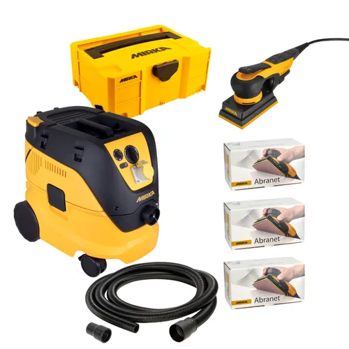 A yellow and black Mirka sander kit with a power sander, storage box, dust extractor, hose, and three boxes of Abranet sanding sheets. All items are neatly arranged on a white background.