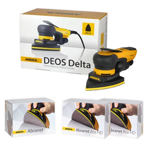 A Mirka DEOS Delta electric orbital sander is displayed in front of its box, alongside two Mirka Abranet Ace HD sanding pad boxes featuring a hand holding a sanding pad on the packaging.
