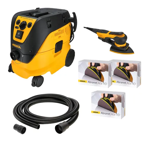 A Mirka dust extractor, a yellow and black electric sander, two boxes of Abranet Ace HD sanding discs, and a black hose with attachments arranged on a white background.