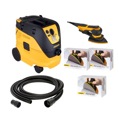 Yellow and black vacuum machine with hose, yellow and black handheld sander, and three boxes of Mirka Abranet Ace HD sanding discs displayed on a white background.