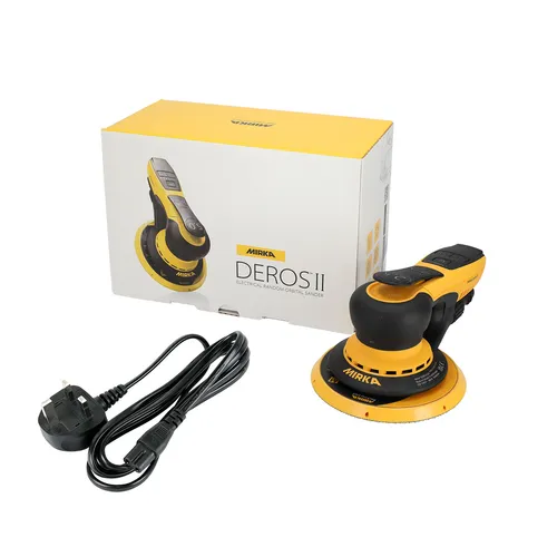 A yellow and black Mirka Deros II electric random orbital sander is displayed with its power lead and packaging box on a white background.