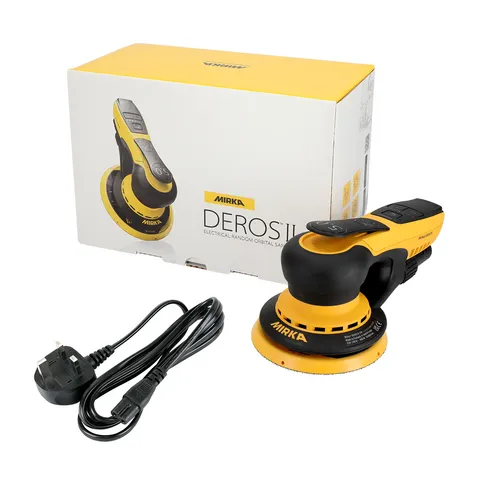 A Mirka DEROS II electric sander, power lead, and its yellow and white box are displayed on a white background.