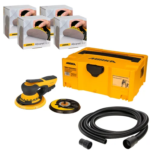 A yellow and black Mirka sander kit with a hose, storage case, sanding pads, and three boxes of Mirka Abranet Ace discs arranged around it.