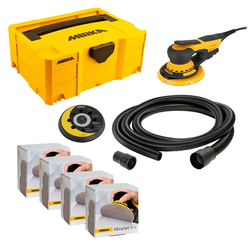 A yellow tool box, a yellow and black electric sander, a black hose, a sanding pad, and four boxes of sanding discs are displayed on a white background.