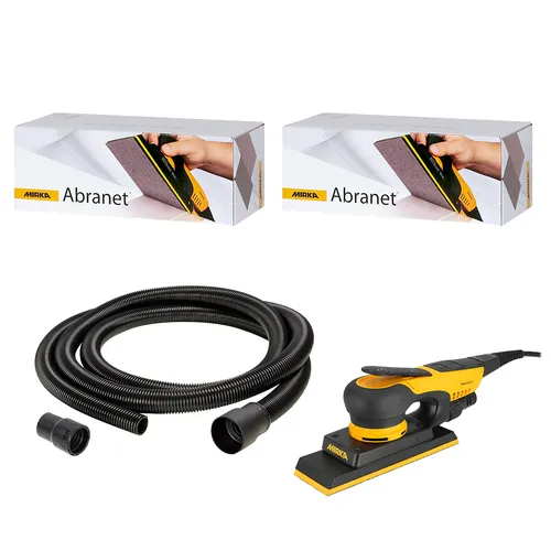 Two boxes of Mirka Abranet sanding sheets, a flexible black hose with connectors, and a yellow and black electric sander are arranged on a white background.