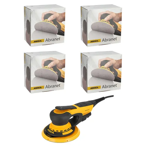 A yellow and black electric sander is in front of four boxes of Mirka Abranet sanding discs, each box displaying an image of a hand using a sanding tool.