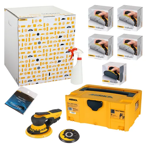 A yellow Mirka sander kit with sanding discs, a spray bottle, four boxes of Iridium sanding pads, a pack of polishing cloths, and a yellow Mirka toolbox, all arranged neatly on a white background.