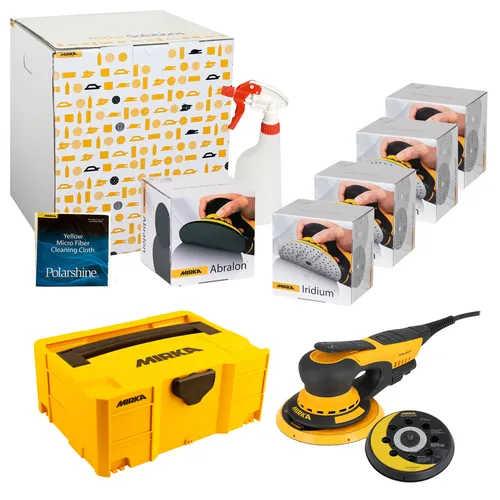 A set of Mirka sanding tools and accessories, including a yellow case, sander, sanding discs, spray bottle, cleaning cloth, and several boxed abrasives, all arranged neatly on a white background.