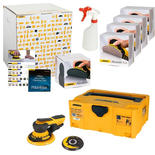 A sanding tool kit with a yellow sander, sanding discs, a spray bottle, multiple sanding pads, a yellow storage box, a cleaning cloth pack, and labelled boxes, all arranged together on a white background.