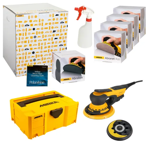 A yellow Mirka tool kit with a sander, discs, a yellow storage case, a spray bottle, microfibre cloth, and abrasive pad boxes arranged on a white background.