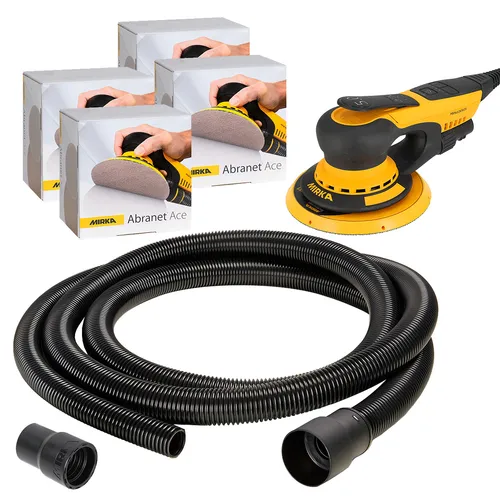 A yellow and black electric sander, a black flexible vacuum hose with attachments, and four boxes of sanding discs showing images of hands holding sanders on the packaging.