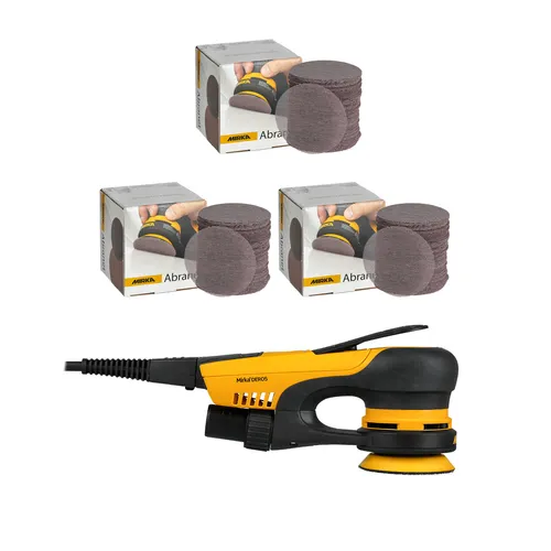 A yellow and black electric sander is positioned in front of three boxes, each holding round sanding discs. The boxes feature an image of a hand operating the same sander with a sanding disc attached.
