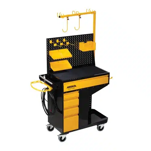 A yellow and black mobile tool trolley with drawers, pegboard, shelves, hooks, and cable holders, mounted on four wheels.
