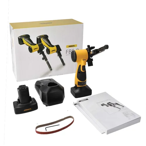 A yellow and black electric tool kit with a tool, battery, charger, sanding belt, instruction manual, and product box displaying an image of the tool.