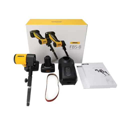 Mirka FBS-B sanding tool kit with two yellow and black sanders, a charger, a battery, a sanding belt, a user manual, and a white and yellow product box, all neatly arranged on a white surface.