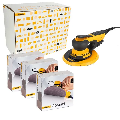 A yellow electric sander with three boxes of Abranet sanding discs and a large box in the background. The items are arranged on a white surface.