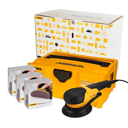 A yellow Mirka electric sander, three boxes of sanding discs, and a yellow storage case are displayed in front of a white Mirka-branded box.