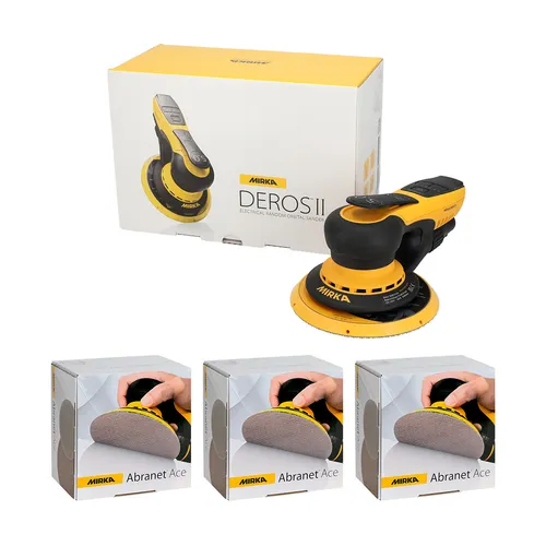 A Mirka DEROS II electric random orbital sander with its box, alongside three boxes of Mirka Abranet Ace sanding discs.