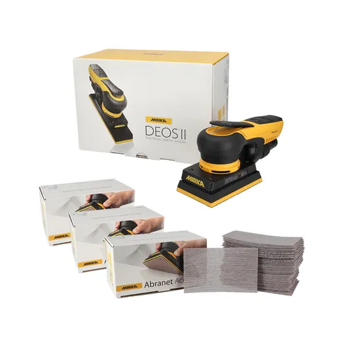 A Mirka DEOS II electric sander with its box, three boxes of Abranet Ace sanding sheets, and several individual sanding sheets displayed next to the tool.