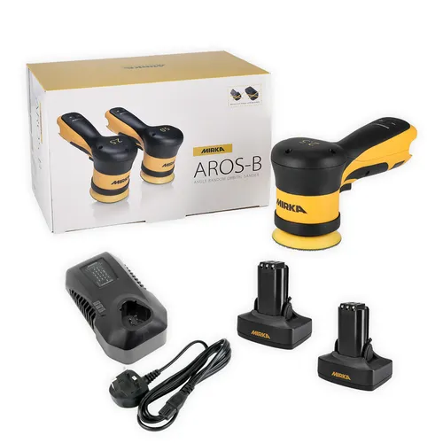A Mirka AROS-B sander set including the tool, two batteries, a charger, a power lead, and the product box arranged on a white background.